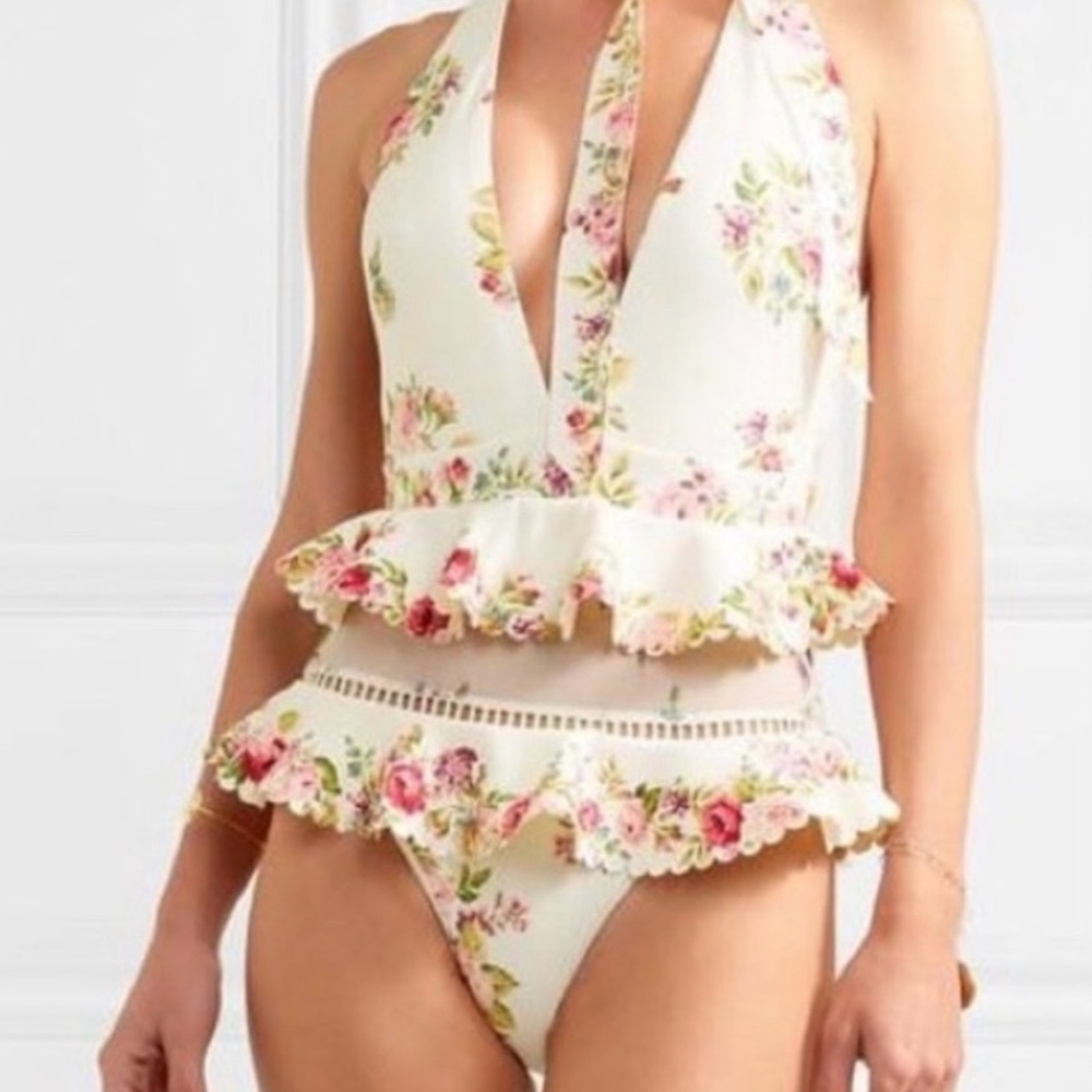 Zimmermann Floral Ruffle Two-Piece Swim Set - Cream with Pink Roses